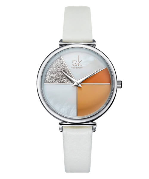K0109-Geometrically designed, the natural iridescent abalone shell dial sparkles on the surface of this quartz women's watch