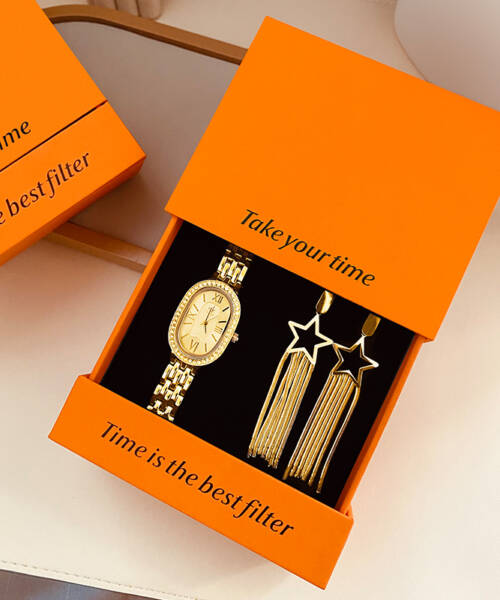 Luxury Women Gift Sets Collection Quartz Watch Jewelry Bracelet Orange Box Ladies Wristwatch for Wholesale