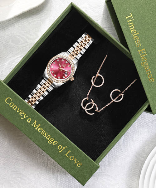 Luxury Women Watch Jewelry Set Elegant Crystal Alloy Ladies Wristwatch Necklace Bracelet Gift Set for Dropshipping